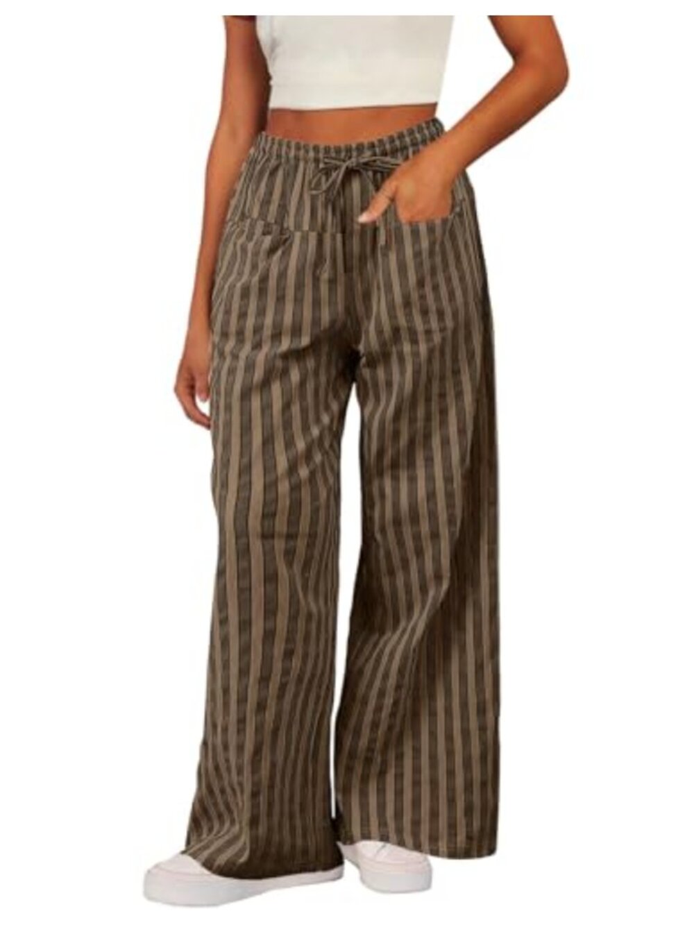 Women's Drawstring Elastic Waist Wide Leg Striped Pants with Pockets